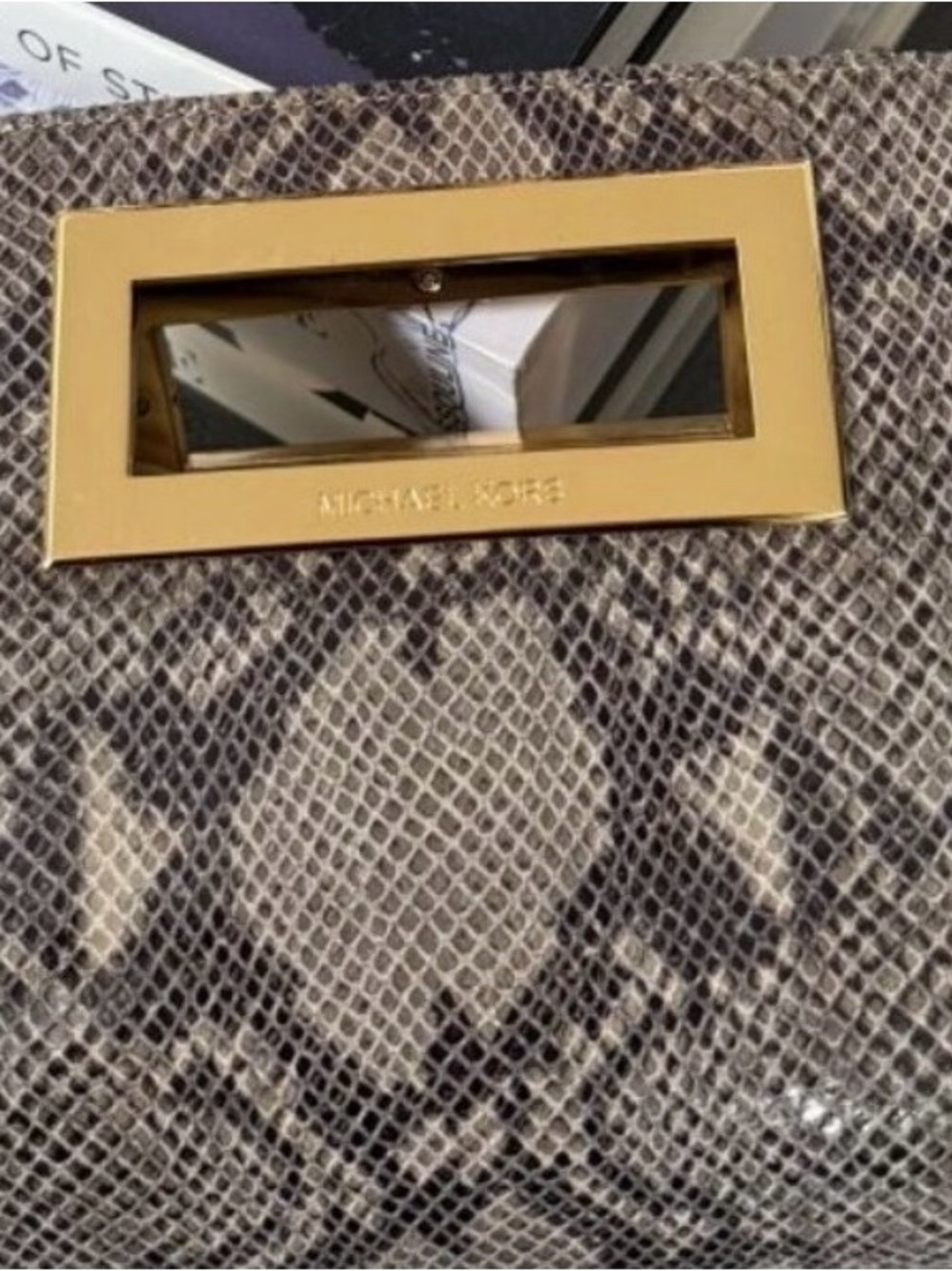 Michael Kors Snake-Print Clutch in Taupe, Black & Gold